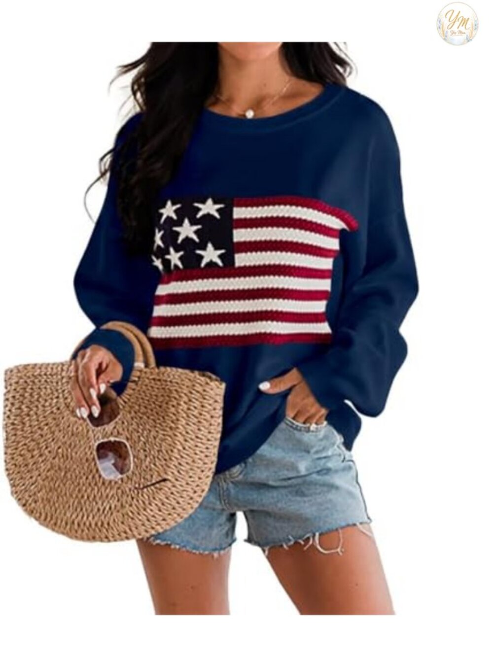 Womens American Flag Knit Sweater Crew Neck Long Sleeve Pullover